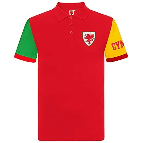 Produktbild: Wales FAW - Herren Polo-Shirt mit Vereinswappen - Offizielles Merchandise - Geschenk für Fußballfans - Rot mit Kontrastärmeln - XL