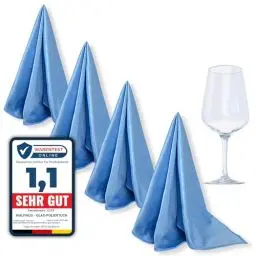 Produktbild: Walfinus Premium 4er-Set blau Mikrofaser Gläserpoliertuch fusselfreies, streifenfreies, kratzerfreie Microfaser Glaspoliertuch für Spiegel und Hochglanzoberflächen ca 50-60cm Poliertücher