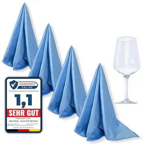 Produktbild: Walfinus Premium 4er-Set blau Mikrofaser Gläserpoliertuch fusselfreies, streifenfreies, kratzerfreie Microfaser Glaspoliertuch für Spiegel und Hochglanzoberflächen ca 50-60cm Poliertücher