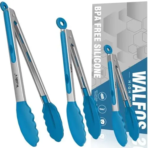 Produktbild: Walfos® Edelstahl Küchenzange mit Hitzebeständigem Silikongriff, Ideal für Grillen Set of 3 Blau (18, 23, 30.5CM), Ideal für Familien- und Profiküche