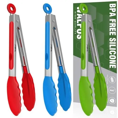 Produktbild: Walfos® Kochzange, Küchenzange 3er 18cm, Grillzange, Zangen Küche mit Silikon Spitze Servierzange, Mehrfarbig(Green, Red, Blue)