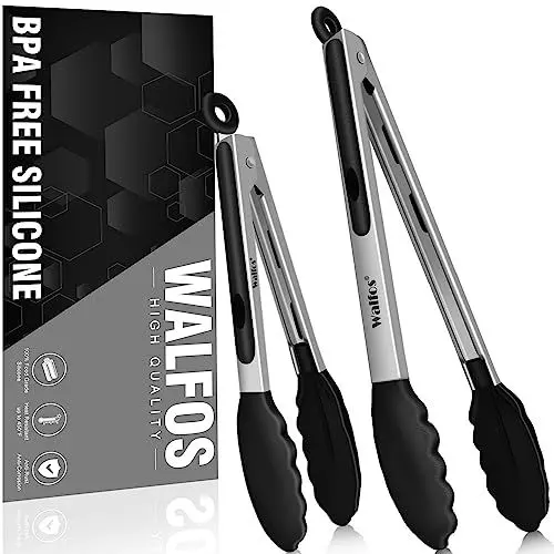 Produktbild: Walfos® Küchenzange Grillzange Hitzebeständige (480°F) Kochzange 2er-Set, Edelstahl und BPA-freie Silikonspitzen, ideal zum Kochen, Grillen, 23cm und 30,5cm Lebensmittelzange