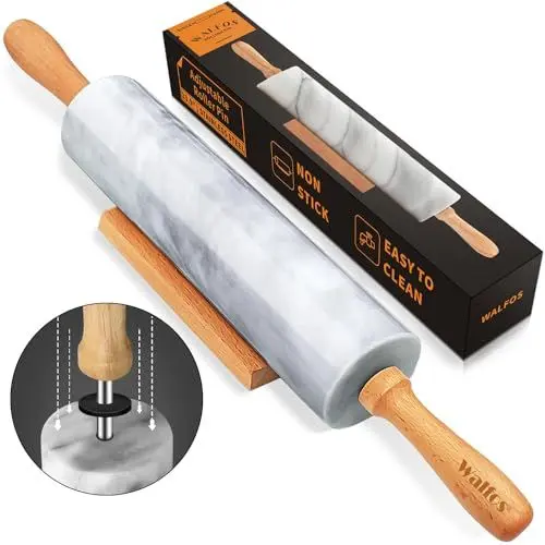Produktbild: Walfos Nudelholz Marmor mit Holzgriffen & Holzwiege, 42cm Marmor-Nudelholz zur Herstellung von Pizzateig und Tortillas, Teigroller für Kuchenkruste, Kekse, Nudeln (grau & weiß)