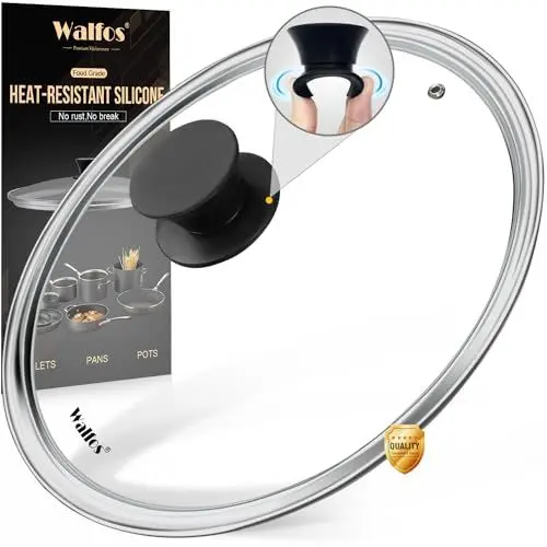 Produktbild: Walfos Pfannendeckel Glasdeckel für Töpfe, Pfannen, Bratpfannen und Bratpfannen mit hitzebeständigem Silikonknauf, gehärtetes Glas, passend für Kochgeschirr mit 28 cm Durchmesser, Schwarz