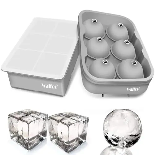 Produktbild: Walfos Silikon Eiswürfelform,großer Kugel-Eisball und großer quadratischer mit Deckel Eiswürfelbehälter,BPA Frei,Leicht abzubauenfür,perfekt für Whisky, Cocktails, Babynahrung,wiederverwendba（grau）