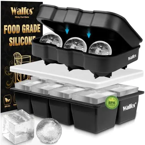 Produktbild: Walfos Silikon große Eiswürfelbehälter-Set, Eisball 6fach und 8fach großer quadratischer Eiswürfelbehälter, leicht herauszuspringen,BPA-frei und spülmaschinenfest,für Cocktails, Whisky, Babynahrung
