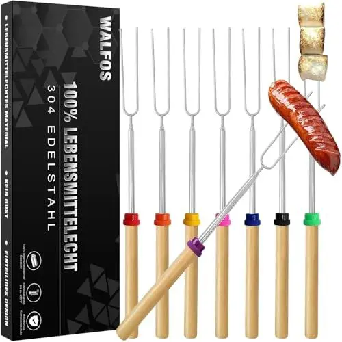 Produktbild: Walfos® Stockbrot Spieße, Marshmallow Spieße Lagerfeuer, Edelstahl Marshmallow Spieße Ausziehbar,Grillspieße Lagerfeuer,Grillstab,Grillbesteck Set für Camping Grill(Acht Farben)