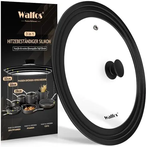 Produktbild: Walfos Universaldeckel Ø 32, 30 und 28 Glasdeckel für Töpfe, Pfannen Mit Abgestuften Silikonrand,Deckel für Pfannen und Töpfe, Topfdeckel hitzebeständig