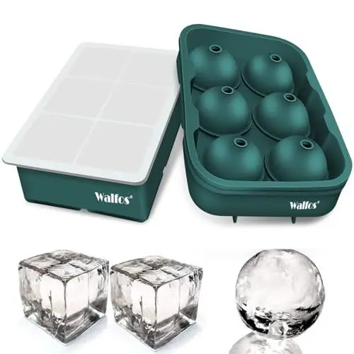 Produktbild: Walfos großer Silikon Eiswürfelform,Kugel-Eisball und quadratischer mit Deckel Eiswürfelbehälter,Leicht abzubauen,BPA Frei,für Cocktails Whisky Wein Obst Fruchtpürees Babynahrung （Dunkelgrün）