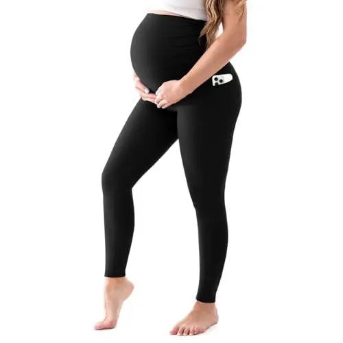 Produktbild: Walifrey Women's Maternity Leggings with Pockets，High Waist Opaque Comfortable Pregnancy Black Leggings XL