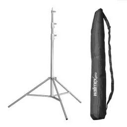 Produktbild: Walimex Pro Heavy Duty Edelstahl Lampenstativ - max. Höhe 270cm, inkl. Tragetasche & Spigotadapter mit 1/4 & 3/8 Zoll Gewinde, 15kg Traglast, federgedämpft, flexibel einsetzbar im Studio & mobil