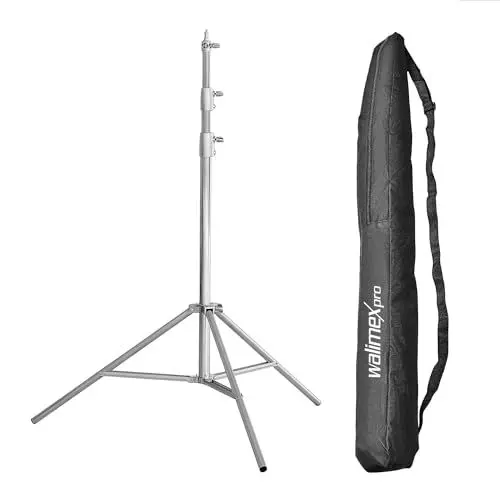 Produktbild: Walimex Pro Heavy Duty Edelstahl Lampenstativ - max. Höhe 270cm, inkl. Tragetasche & Spigotadapter mit 1/4 & 3/8 Zoll Gewinde, 15kg Traglast, federgedämpft, flexibel einsetzbar im Studio & mobil
