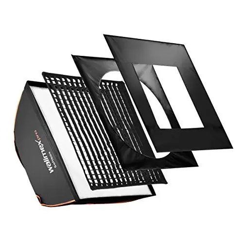 Produktbild: Walimex pro Softbox mit Gitter 60x60cm quadratisch I Inkl. 3cm Grid, Masken & Diffusor I Lichtformer 360° drehbar & hitzeresistent I Ideal für Produktfotografie I Fotolicht für Unterwegs & im Studio