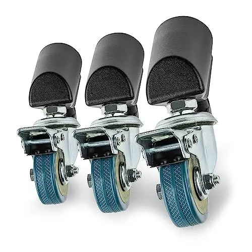 Produktbild: Walimex pro Stativrollen Pro 3er-Set – Stativrollen, Lenkrollen, Vollmetall, Rollen 50mm Ø, mit Gummi Lauffläche und Bremse, für Stativbeine mit 18 - 23 mm Ø, für Licht Lampen und Videostativ, Schwarz