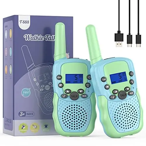 Produktbild: Walkie Talkie Kinder, Bakoherp Walkie Talkie Aufladbar für 3-12 Jahre Kinder, Funkgerät Kinder Wiederaufladbar mit 8 Kanäle, LED Taschenlampe, VOX Funktion für Abenteuer, Camping, Wandern