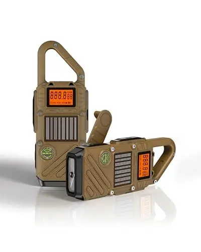 Produktbild: Walkie Talkie für Erwachsene, Reichweite 10 km - 2er Set mit SOS Alarm, LED Taschenlampe & FM-Radio - 3-Fach Aufladbar: Solar, Handkurbel, USB - Notfall Funkgerät für Outdoor Abenteuer