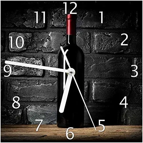 Produktbild: Wallario Design-Wanduhr Rotwein-Flasche am Abend aus Glas, Motiv-Uhr Größe 20 x 20 cm, weiße Zeiger