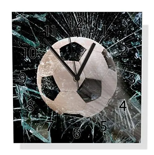 Produktbild: Wallario Design Wanduhr Fußball - im Fenster, Splitter und Glas aus Aluverbund, Alu-Uhr Größe 30 x 30 cm, Schwarze Zeiger mit Metalloptik