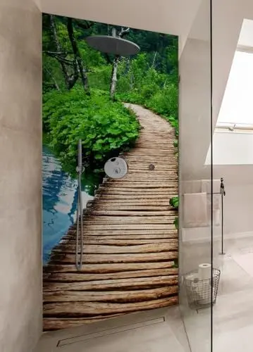 Produktbild: Wallario Selbstklebende Duschrückwand 70 x 200 cm mit Motiv Holzweg im Wald - Wandverkleidung Fließenersatz mit Hochglanzlaminat in Glasoptik