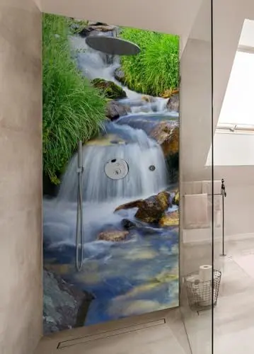 Produktbild: Wallario Selbstklebende Duschrückwand 80 x 200 cm mit Motiv Kleiner Bach über Steine - Wandverkleidung Fließenersatz mit Hochglanzlaminat in Glasoptik