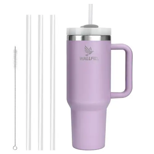 Produktbild: WALLFID 40oz Thermobecher aus Edelstahl, Vakuum-Isoliert mit Deckel, 3 Strohhalmen und 1 Strohhalm Bürste, Für Heiß- und Kaltgetränke, Ideal für Kaffee, Tee, Smoothies und Mehr(Violett)
