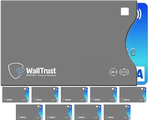 Produktbild: WallTrust RFID Schutzhüllen - Blocker NFC Schutzhüllen (10 Stück) Kreditkarte, EC Karte, Bank Karte, Personalausweis & Reisepass - Hülle - Schutz gegen Funk Datenklau - Kartenhülle
