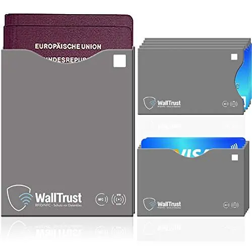 Produktbild: WallTrust RFID Schutzhüllen - Blocker NFC Schutzhüllen (12 Stück) Kreditkarte, EC Karte, Bank Karte, Personalausweis & Reisepass - Hülle - Schutz gegen Funk Datenklau - Kartenhülle