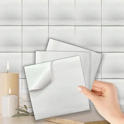 Produktbild: WALPLUS Weiße Küchenfliesen Selbstklebend 15x15cm Fliesensticker Abnehmbare Klebefliesen Wand Starke Haftung Selbstklebende Küchenspritzwand Klebefliesen Bad Wand Aufkleber 24 Stück