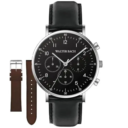 Produktbild: Walter Bach Herren Uhr Mit Chronograph Quarzwerk I Echtleder Armbanduhr Mit Schwarzem Ziffernblatt I 40mm Durchmesser, Gehärtetes Mineralglas, Braunes Wechselarmband I in Geschenkbox
