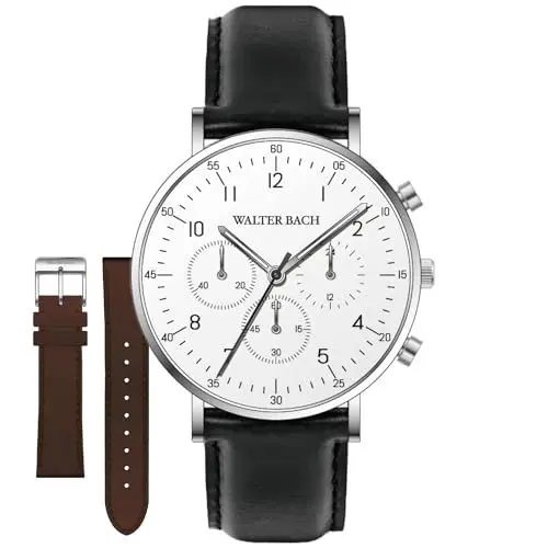 Produktbild: Walter Bach Herren Uhr mit Chronograph Quarzwerk I Echtleder Armbanduhr Herren mit weißem Ziffernblatt & braunem Wechselarmband I 40 mm Durchmesser, gehärtetes Mineralglas I Uhr Herren in Geschenkbox