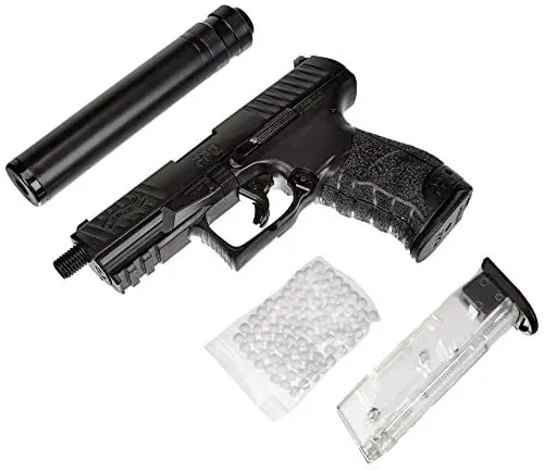 Produktbild: Walther Airsoft Pistole PPQ, Federdruck Waffe mit < 0,5 Joule, inkl. Schalldämpfer-Attrappe 100 x 6 mm BB Soft-Air Kugeln und zweitem Magazin