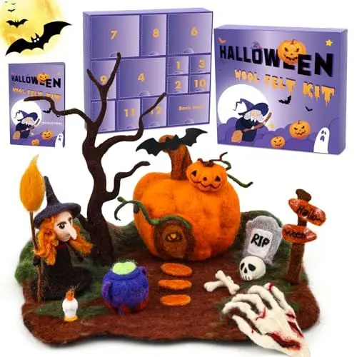 Produktbild: Wamkon Nadelfilz Set, Halloween Filzset, Filzwolle Set mit Hexenkürbis filz Wolle Anleitung Filznadeln, Wollfilz Set für Halloween Deko Sammelparty