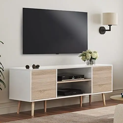 Produktbild: WAMPAT TV Lowboard Fernsehschrank Holz, Skandinavien TV Schrank 135 cm mit Push-to-Open Türen und Verstellbare Regal, Weiß und Eiche