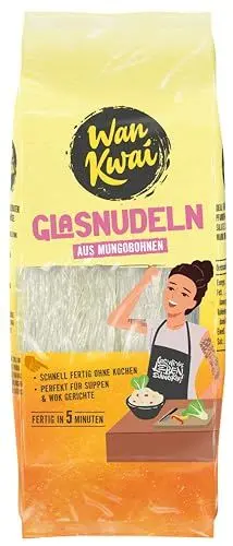 Produktbild: Wan Kwai Glasnudeln 100g – Asiatische Vielfalt für Genießer! Glutenfrei, aus Mungobohnenstärke & Wasser. Ideal für Suppen, Wok- und Pfannengerichte sowie Salate. Zarte Textur, in 5 Minuten fertig.