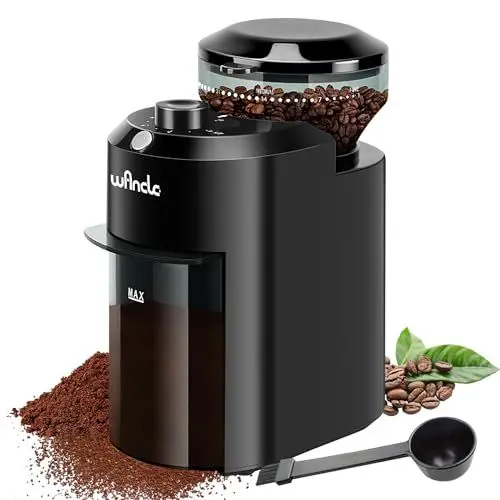 Produktbild: Wancle Elektrische Kaffeemühle - Einstellbarer scheibenmahlwerk kaffeemühle für Kaffeebohnen mit 28 Präzisen Mahlstufen - Perfekt für 12 Tassen (Kunststoff, Schwarz)