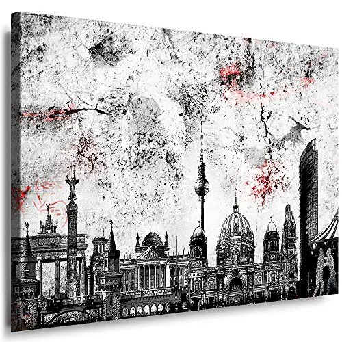 Produktbild: Wandbild 120 x 80 cm Stadt Wandbild Berlin Bild auf Leinwand mit Rahmen XXL Leinwandbild Skyline Kunstdruck Bär Silhouette Abstrakt o101-6