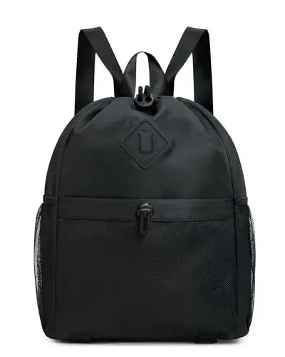 Produktbild: WANDF Drawstring Backpack Sport- und Gym-Tasche mit Yoga-Mattenriemen, wasserabweisende Kordelzug-Tasche mit Mesh-Tasche für Damen und Herren (Schwarz, Patent angemeldet)