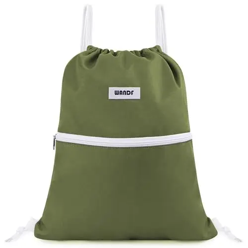 Produktbild: WANDF Rucksack mit Kordelzug Turnbeutel Sportbeutel Gym Bag Mit Aussentasche Verstellbar Tunnelzug Gymsack für Damen Herren Kinder mit Innentasche 11 Liter für Sport und Reisen (Dunkelgrün)