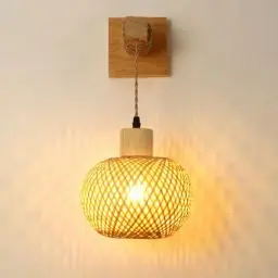 Produktbild: Wandleuchte Innen Vintage Wandlampe Holz Bambuslaterne Lampe Nature Rattan Bambus Geflecht Stromanschluss Industrial Style Wand Nachttischlampe E27 Nachtlicht Für Wohnzimmer Schlafzimmer Beleuchtung
