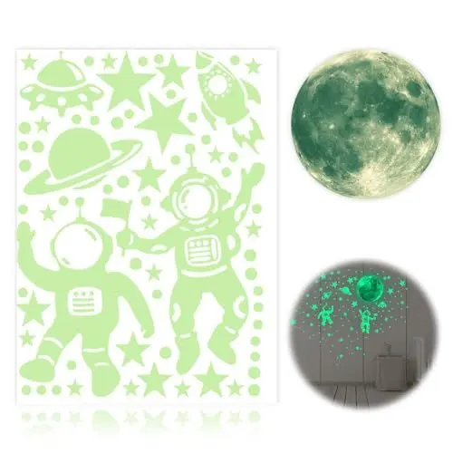 Produktbild: Wandsticker, 2 Stück Leuchtsterne Kinderzimmer, Sterne Leuchtend Selbstklebend Wandsticker, Leucht Aufkleber, Astronaut Planet Leuchtsticker, Kinderzimmer Dekorative Aufkleber