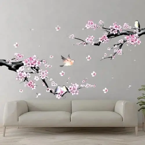 Produktbild: Wandtattoo Kirschblüte Rosa Baum Ast Groß Wandaufkleber Hängende Blumen Blüten Vögel Wandsticker Wanddeko für Wohnzimmer Schlafzimmer Sofa Hintergrund,für Wohnzimmer Schlafzimmer Badezimmer Boho