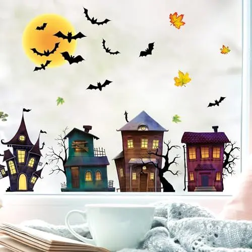 Produktbild: Wandtattoo Loft Fensterbild Halloween Fledermäuse Gruselhäuser Fensterdeko Wiederverwendbar Kinderzimmer Kind Fensterfolie, A2 Bogen
