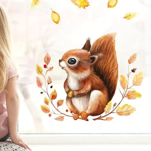 Produktbild: Wandtattoo Loft Fensterbild Herbst mit Eichhörnchen auf Blätterkranz Motiv, A4 Bogen, Herbstdeko Fenster Kinderzimmer, Herbstbilder Fenster, Fensterbild Herbst Kinder, Herbstblätter Fenster
