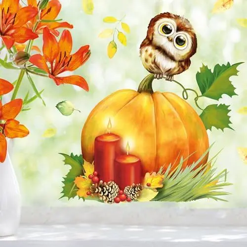 Produktbild: Wandtattoo Loft Fensterbild Herbst mit Eule und Kürbis Motiv, A4 Bogen, Herbstdeko Fenster Kinderzimmer, Herbstbilder Fenster, Fensterbild Herbst Kinder, Herbstblätter Fenster, Fensterfolie Halloween