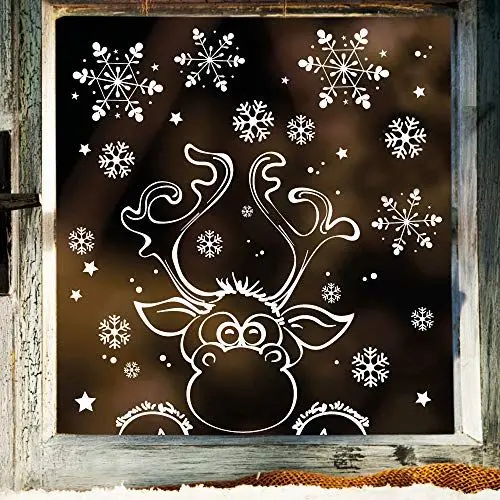 Produktbild: Wandtattoo Loft Fensterbilder Weihnachten mit Elch & Schneeflocken – Wiederverwendbar – 28 x 40 cm Bogen, 17 Sticker – Weihnachstdeko Fenster Kinderzimmer, Weihnachtsbilder Fenster, Fensterbild Winter