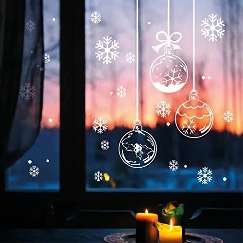 Produktbild: Wandtattoo Loft Fensterbilder Weihnachten mit Weihnachtskugeln & Schneeflocken – Wiederverwendbar – Weihnachstdeko Fenster Kinderzimmer, Weihnachtsbilder Fenster, Fensterbild Winter, Fensterdeko