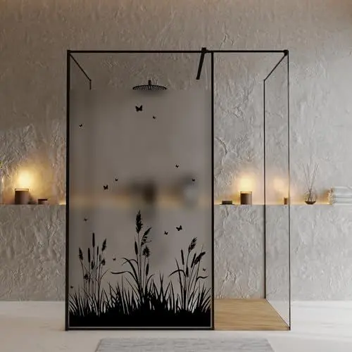 Produktbild: Wandtattoo Loft Sichtschutzfolie Duschkabine mit Schilf Motiv, Wunschmaß in schwarz oder weiß, Klebefolie für Duschglastüren, Duschwand Folie Wasserfest, Klebefolie für Duschkabine