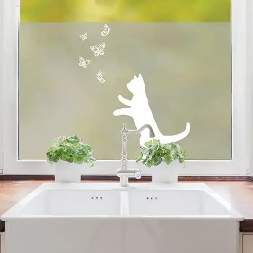 Produktbild: Wandtattoo Loft Sichtschutzfolie Fenster mit Katze und Schmetterlingen Motiv, Fensterfolie Blickdicht, Milchglasfolie Fenster, Fensterdeko Selbstklebende Folie, Fenster Dekoration, Fenster Klebefolie