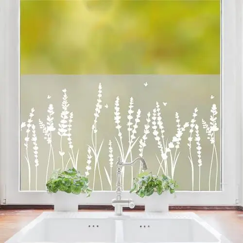 Produktbild: Wandtattoo Loft Sichtschutzfolie Fenster mit Lavendel Motiv, Fensterfolie Blickdicht, Milchglasfolie Fenster, Florale Fensterdeko Selbstklebende Folie, Fenster Dekoration Gräser, Fenster Klebefolie