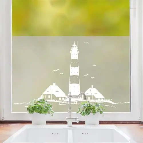 Produktbild: Wandtattoo Loft Sichtschutzfolie Fenster mit Leuchturm St. Peter Ording Motiv, Maritime Fensterfolie Blickdicht, Milchglasfolie selbstklebend, Fensterdeko, Fenster Dekoration, Fenster Klebefolie